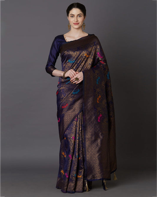 Ethnic Junctions soft lichi silk imitation saree navy blue and cream silk saree