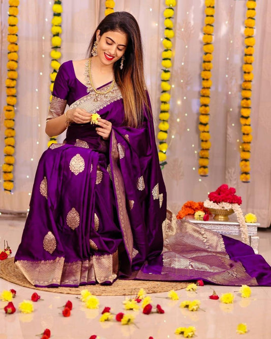 Ethnic Junctions Purple Color Soft Lichi Silk Saree With Haevy Weaving Rich Pallu Exclusive Saree