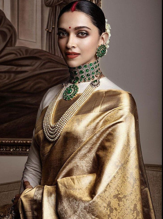 Ethnic Junctions Golden Soft Banarasi Silk Saree with Rich White Blouse Piece