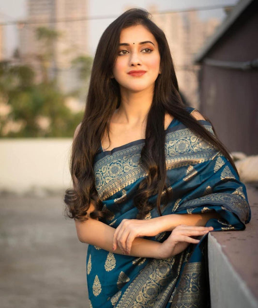 Ethnic Junctions Blue Color BANARASI Saree | Designer Soft Lichi Silk Traditional Indian Wedding Saree