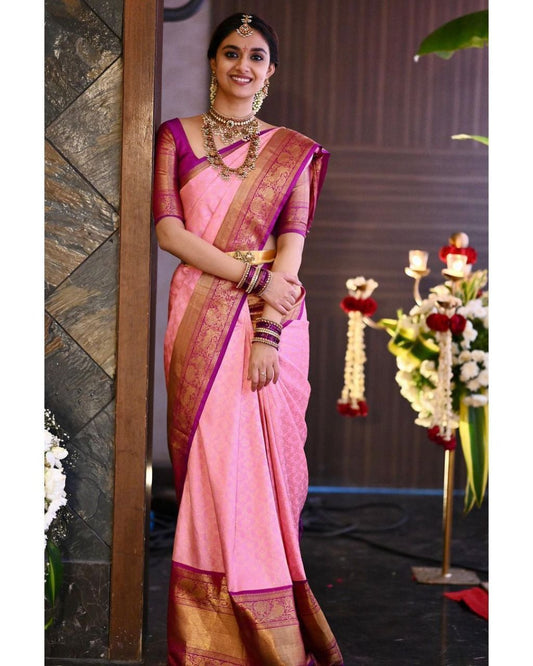 Ethnic Junctions Keerthy Suresh Light Pink Bollywood Silk Saree