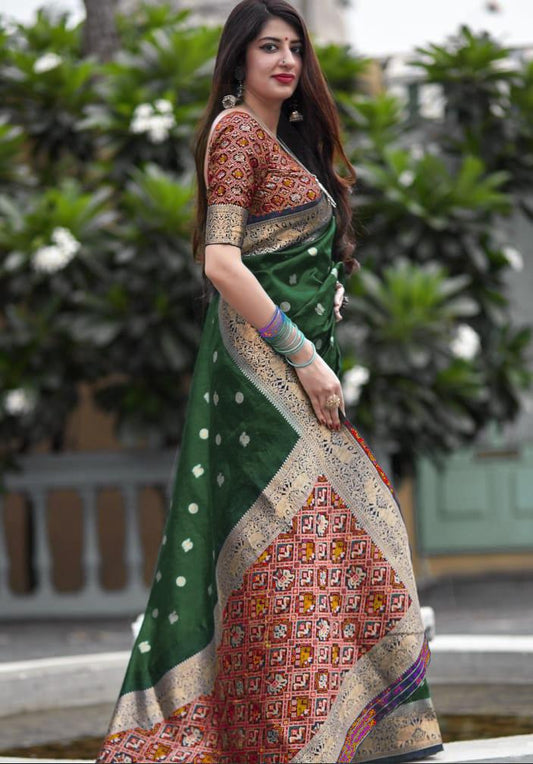 Ethnic Junctions Women's Unique Rama Patola Banarasi Silk Saree With Dazzling Multi Colour Blouse Piece