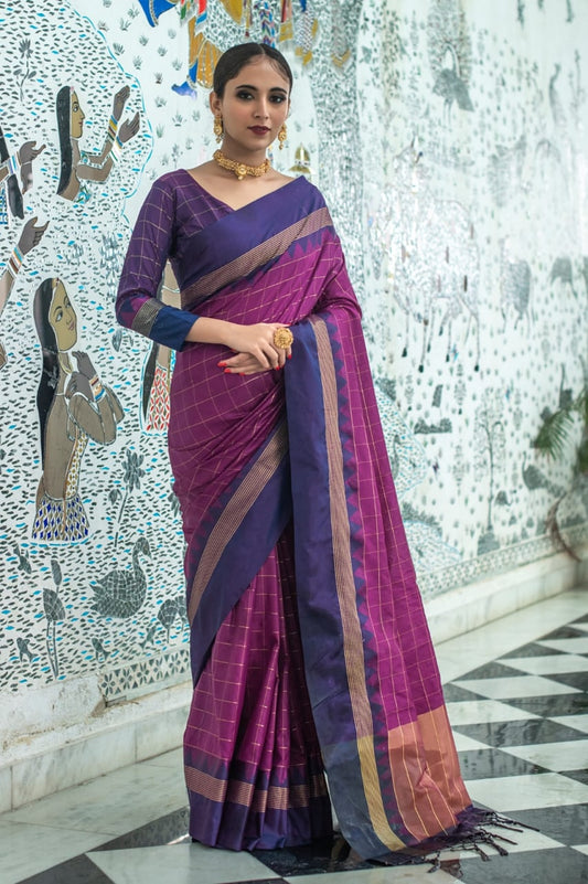 Ethnic Junctions Women's soft raw silk saree with temple woven border