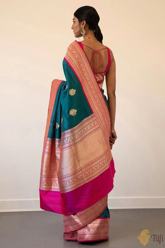 Ethnic Junctions Women's Pure Katan Silk Banarasi Kadiyal Handloom Saree Black,Pink,Red,Rama