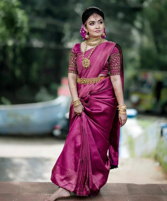 Ethnic Junctions Women's Banarasi Jacquard Soft Lichi Silk Saree with Blouse, Pink