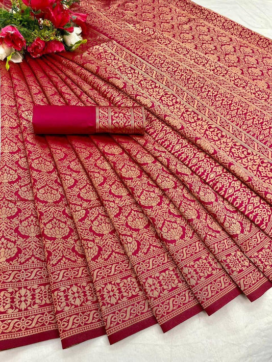 Ethnic Junctions Women's Woven silk Saree With Free Size Blouse, Maroon